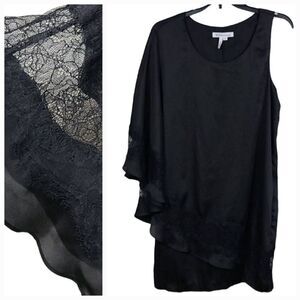 BCBGENERATION Silky Soft Black Lace One Shoulder Drape Alana Formal Slip Dress